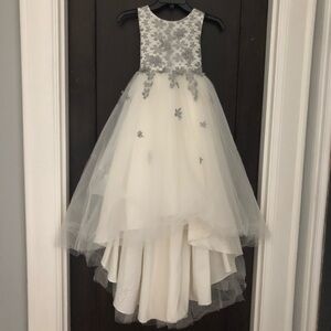 Size 10 girls train flower girl dress ivory silver high low sleeveless